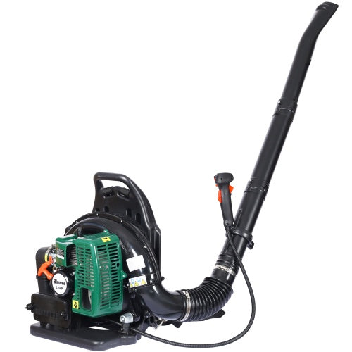 2‑Stroke Backpack Leaf Blower – Gas 63.3cc, 3.6HP, 750CFM with Ergonomic Harness & Multiple Nozzles (Green)
