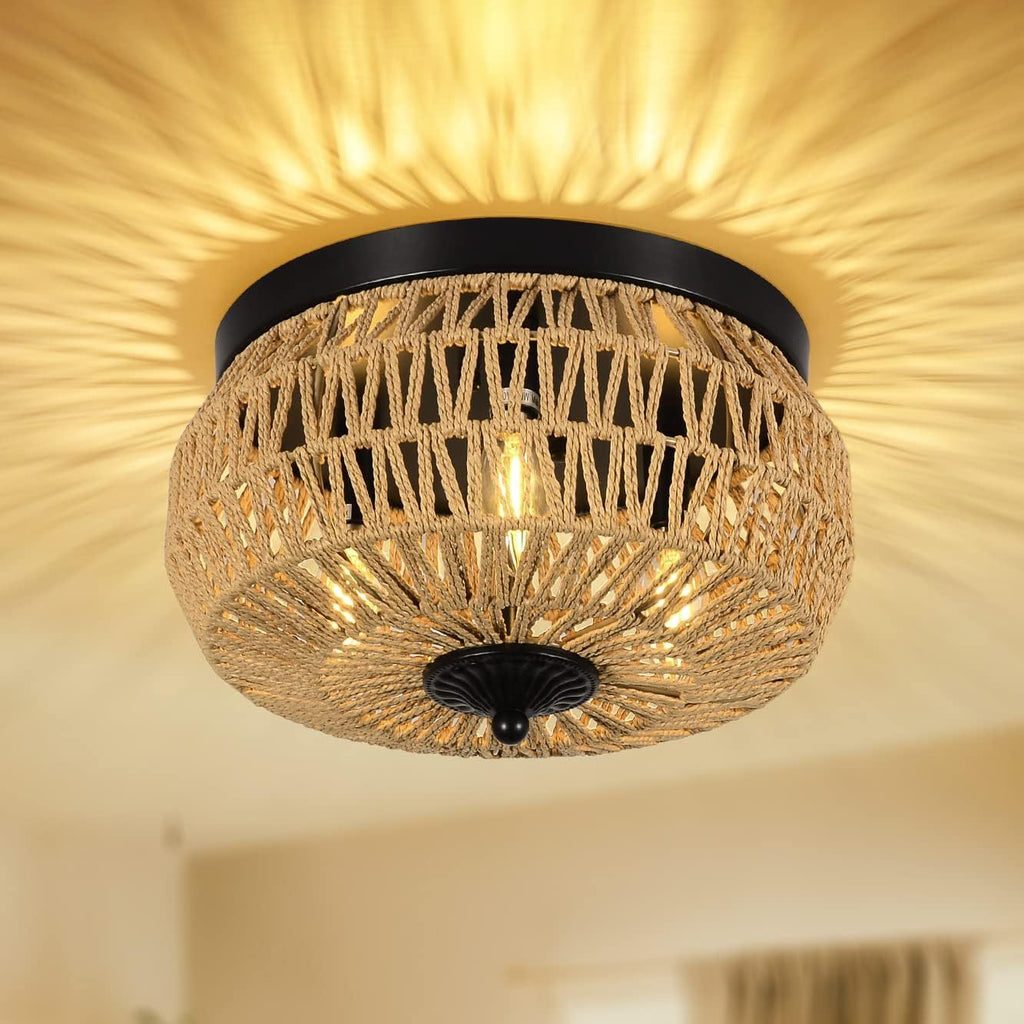 3-Lamp Woven Rattan Chandelier – Handmade Cage Lampshade Ceiling Fixture for Bedroom, Kitchen, Hallway & Porch