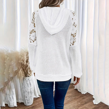 Women's Lace Sleeve Hoodie – Casual Pullover with Sheer Details & Large Lace Pockets
