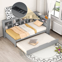 Twin Size Wooden Daybed with Trundle – Built‑In Shelf & USB Charging Ports, Space‑Saving Design in Grey Finish