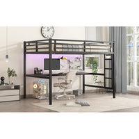 Metal Full XL Loft Bed – Space-Saving Frame with Built-In Power Outlet, LED Lighting & Noise-Reduced Design (Black)