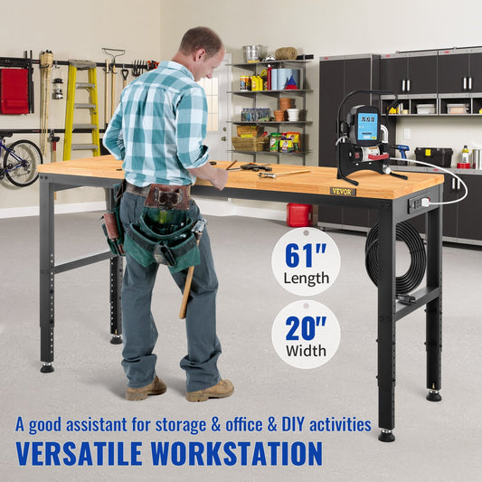 Workbench Adjustable Height,  2000 LBS Load Capacity, With Power Outlets & Hardwood Top & Metal Frame & Foot Pads, For Workshop Office Home