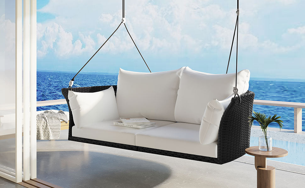 GO 51.9" 2‑Person Hanging Rattan Swing Chair – Black Wicker with White Cushions  Porch, Patio & Garden Seating