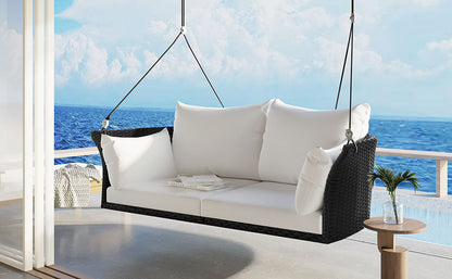 GO 51.9" 2‑Person Hanging Rattan Swing Chair – Black Wicker with White Cushions  Porch, Patio & Garden Seating
