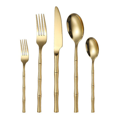 5‑Piece 304 Stainless Steel Tableware Set – Titanium Plated Knife, Forks & Spoons with Thickened Bamboo Handles  Western Dining Cutlery