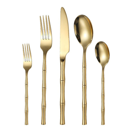5‑Piece 304 Stainless Steel Tableware Set – Titanium Plated Knife, Forks & Spoons with Thickened Bamboo Handles  Western Dining Cutlery