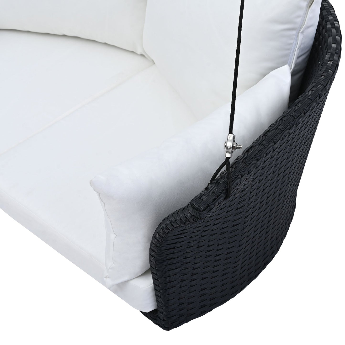 GO 51.9" 2‑Person Hanging Rattan Swing Chair – Black Wicker with White Cushions  Porch, Patio & Garden Seating
