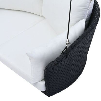 GO 51.9" 2‑Person Hanging Rattan Swing Chair – Black Wicker with White Cushions  Porch, Patio & Garden Seating