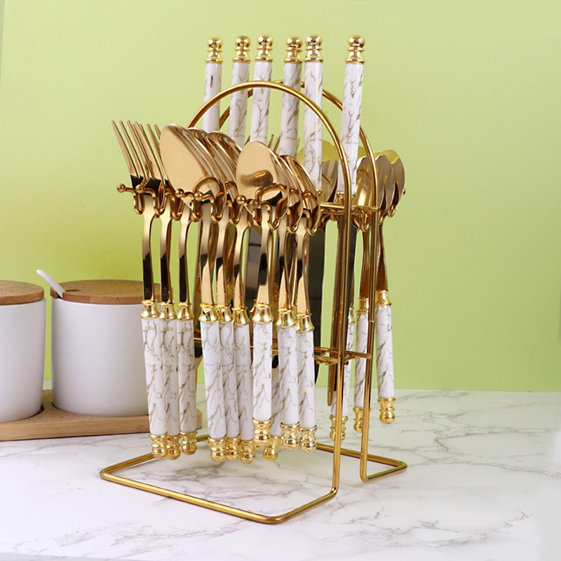 24‑Piece Golden Tableware Set – European Style Hotel Flatware  410 Stainless Steel Knife, Fork, Spoon & Dessert Set