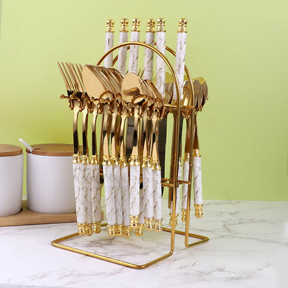 24‑Piece Golden Tableware Set – European Style Hotel Flatware  410 Stainless Steel Knife, Fork, Spoon & Dessert Set