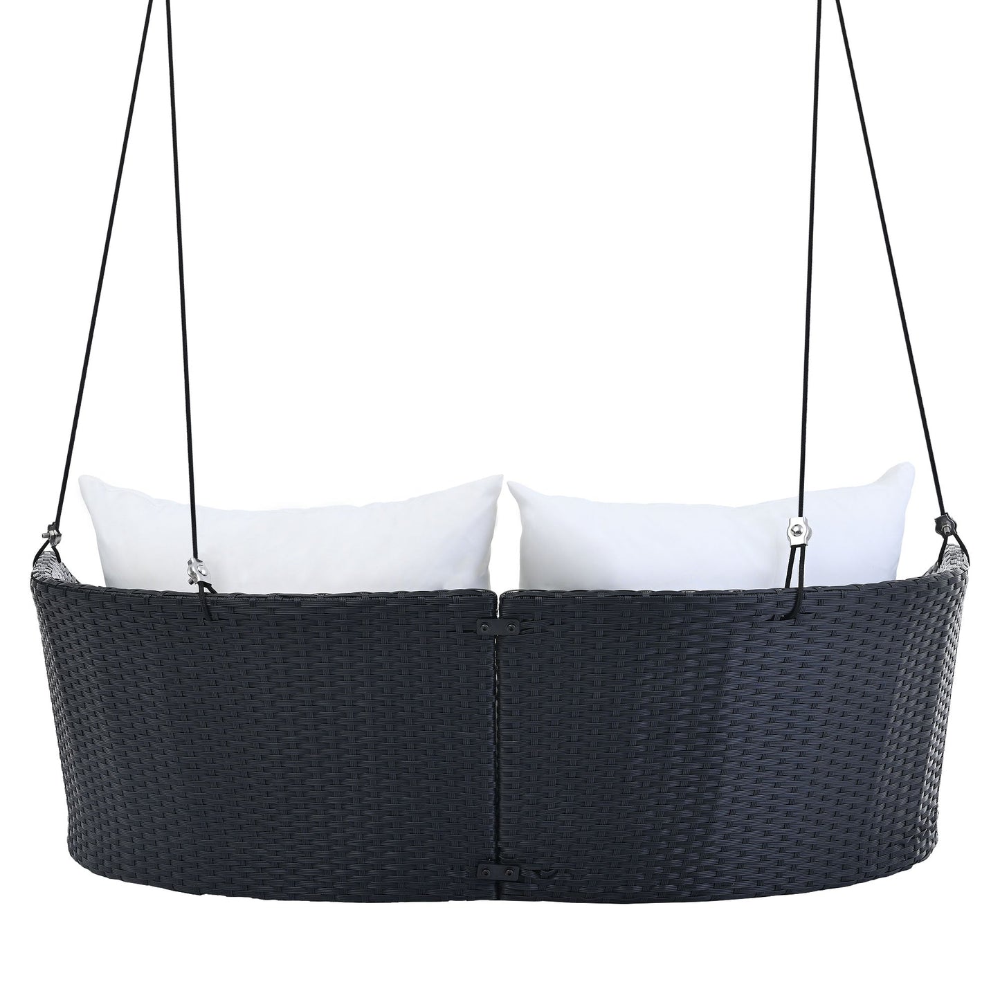 GO 51.9" 2‑Person Hanging Rattan Swing Chair – Black Wicker with White Cushions  Porch, Patio & Garden Seating