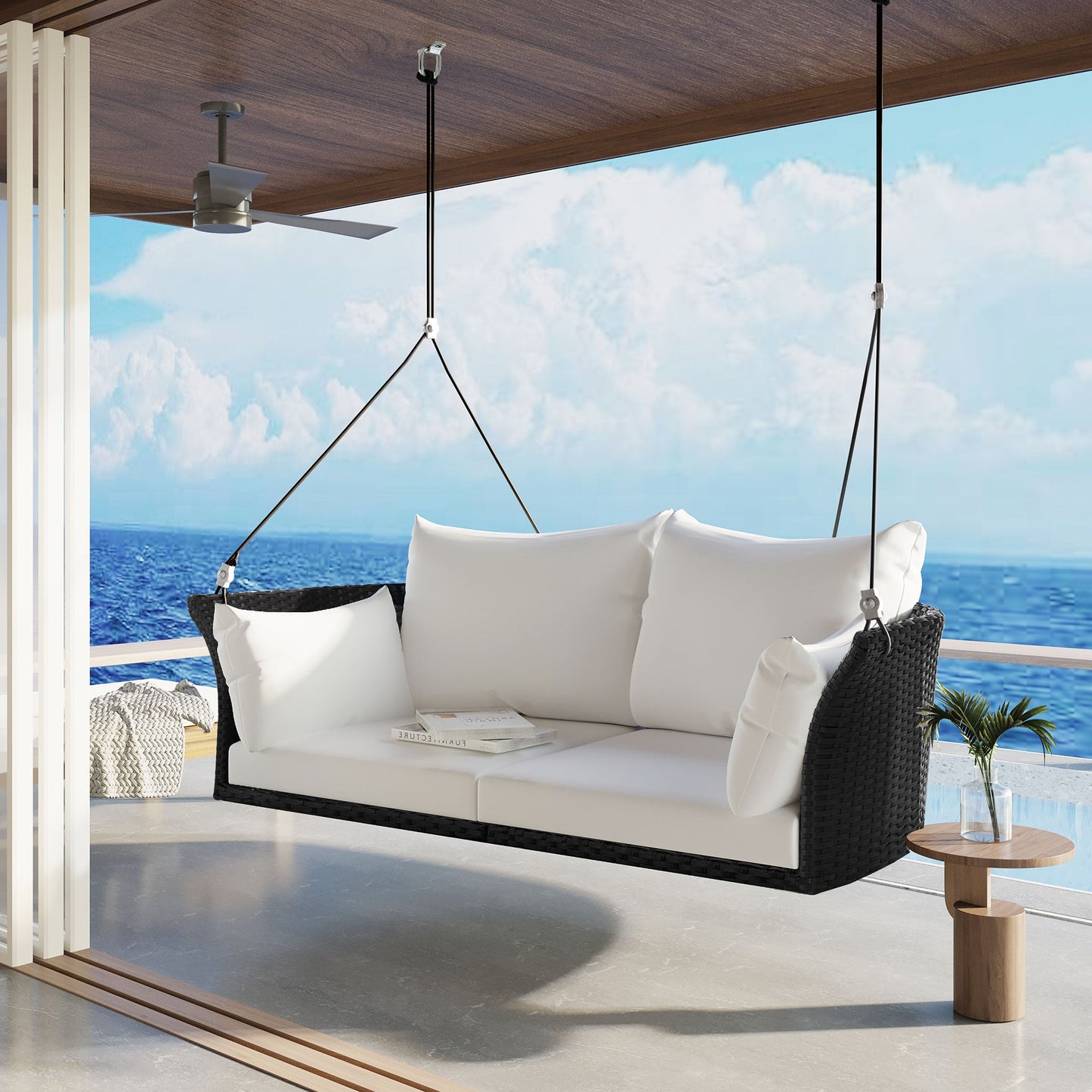 GO 51.9" 2‑Person Hanging Rattan Swing Chair – Black Wicker with White Cushions  Porch, Patio & Garden Seating