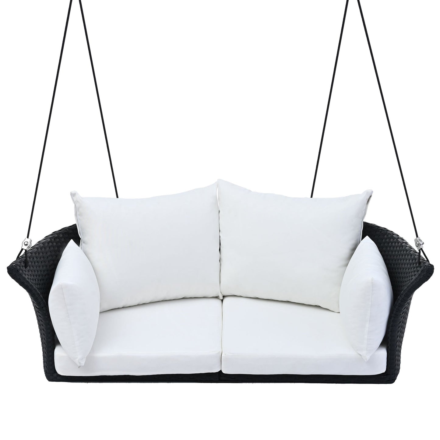 GO 51.9" 2‑Person Hanging Rattan Swing Chair – Black Wicker with White Cushions  Porch, Patio & Garden Seating