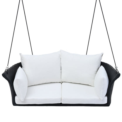 GO 51.9" 2‑Person Hanging Rattan Swing Chair – Black Wicker with White Cushions  Porch, Patio & Garden Seating