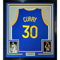 Framed Autographed Stephen Curry 35×39 Golden State Warriors Blue Jersey – JSA COA