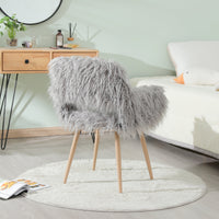 Grey Faux Fur Upholstered Chair – Makeup Vanity & Side Dining Accent with Beech‑Tone Metal Legs
