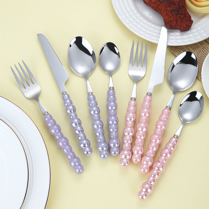 304 Stainless Steel Tableware Set – Knife, Fork & Spoon with Creative Pearl Ceramic Handles  Western Steak & Dessert Cutlery