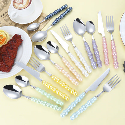 304 Stainless Steel Tableware Set – Knife, Fork & Spoon with Creative Pearl Ceramic Handles  Western Steak & Dessert Cutlery