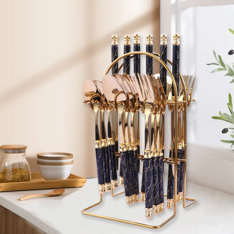 24‑Piece Golden Tableware Set – European Style Hotel Flatware  410 Stainless Steel Knife, Fork, Spoon & Dessert Set