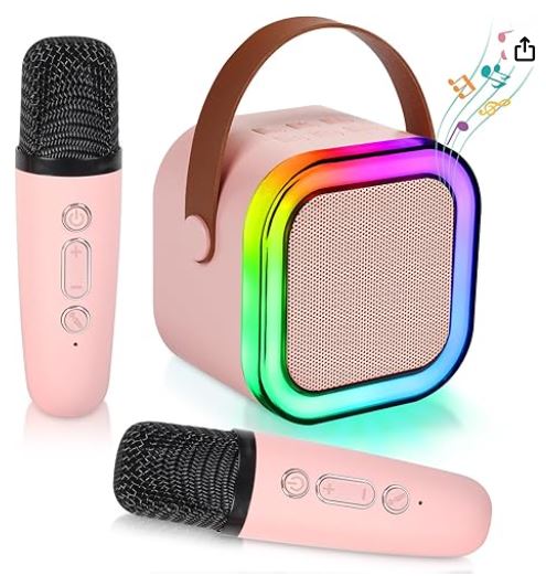 Kids Mini Karaoke Machine – Bluetooth Speaker with 2 Wireless Microphones, Voice Changer, Disco Lights & Long Battery Life
