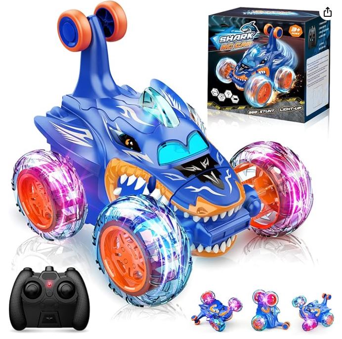 Remote Control Stunt Car Shark RC Toy – 360° Rotating, LED Lights, Outdoor RC Car for Kids (Blue)