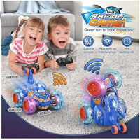 Remote Control Stunt Car Shark RC Toy – 360° Rotating, LED Lights, Outdoor RC Car for Kids (Blue)