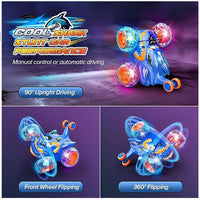 Remote Control Stunt Car Shark RC Toy – 360° Rotating, LED Lights, Outdoor RC Car for Kids (Blue)