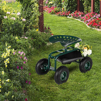 Garden Seat Cart – Deep Green Rolling Trolley with Adjustable 360° Swivel Seat, Tool Tray & Basket (330 lbs Capacity)