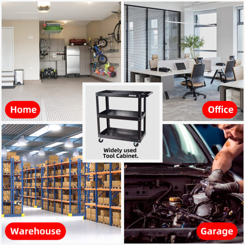 3‑Tier Tool Cart – Heavy‑Duty Steel Rolling Storage with Ball Bearing Drawer & Casters (Black)