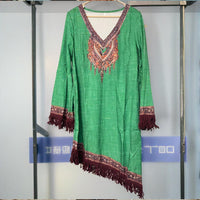 Retro Print Fringe Hem Dress – Boho Chic V-Neck Long Sleeve Asymmetrical Midi for Spring & Summer