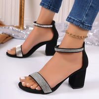 Rhinestone Chunky Heel Sandals – Open Toe Strappy Summer Shoes for Women with Square Heel Design
