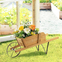 Wooden Wagon Planter – Rustic Pine Wood Garden Cart with 9 Magnetic Accessories for Yard & Outdoor Décor (Walnut Finish)