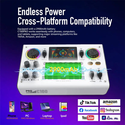 C100Pro Digital Sound Card – Portable Audio Interface with Real‑Time Voice Changer, Dual DSP, Noise Reduction & Reverb Control