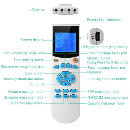 Impulse Massager Machine – 10 Modes, 4 Outputs, 8 Electrode Pads for Pain Relief, Muscle Recovery & Relaxation