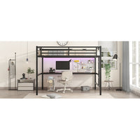 Metal Full XL Loft Bed – Space-Saving Frame with Built-In Power Outlet, LED Lighting & Noise-Reduced Design (Black)