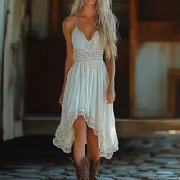 Bohemian V-Neck Lace Trim Slip Dress – Asymmetrical Hem Midi for Women’s Summer Style