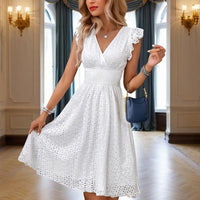 V-Neck Lace Midi Dress – Solid Color A-Line Summer Dress with Short Sleeves & Elastic Waist for Women