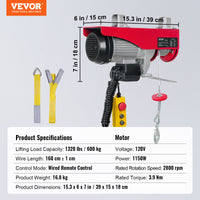 VEVOR Electric Hoist – 1320 lbs Steel Wire Winch with 1150W Motor, 40ft Lift Height & 14ft Wired Remote (110V)