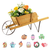 Wooden Wagon Planter – Rustic Pine Wood Garden Cart with 9 Magnetic Accessories for Yard & Outdoor Décor (Walnut Finish)