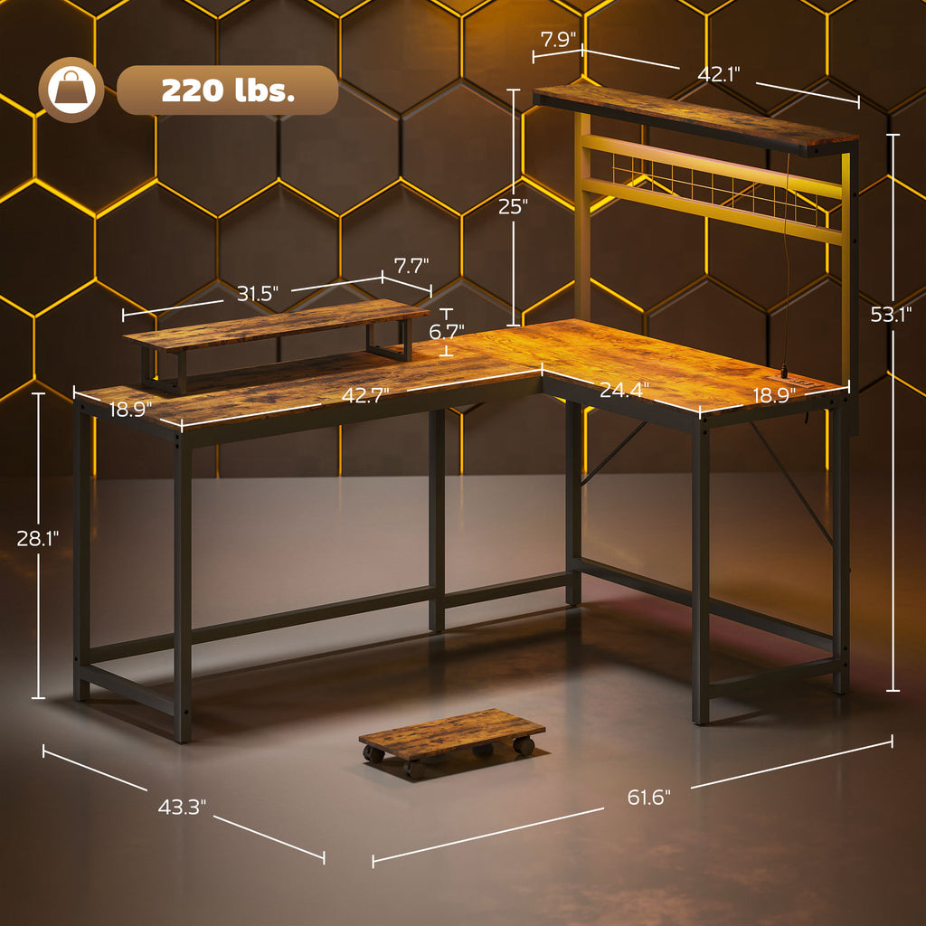 L-Shaped Gaming Desk with Power Outlets & RGB LED Lights – 61.6