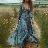 V-Neck Floral Lace Trim Dress – Long Sleeve A-Line Retro Midi for Women’s Spring & Fall Style