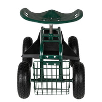 Garden Seat Cart – Deep Green Rolling Trolley with Adjustable 360° Swivel Seat, Tool Tray & Basket (330 lbs Capacity)
