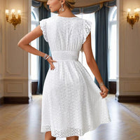 V-Neck Lace Midi Dress – Solid Color A-Line Summer Dress with Short Sleeves & Elastic Waist for Women