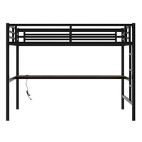 Metal Full XL Loft Bed – Space-Saving Frame with Built-In Power Outlet, LED Lighting & Noise-Reduced Design (Black)