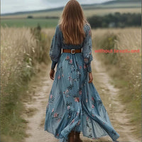 V-Neck Floral Lace Trim Dress – Long Sleeve A-Line Retro Midi for Women’s Spring & Fall Style