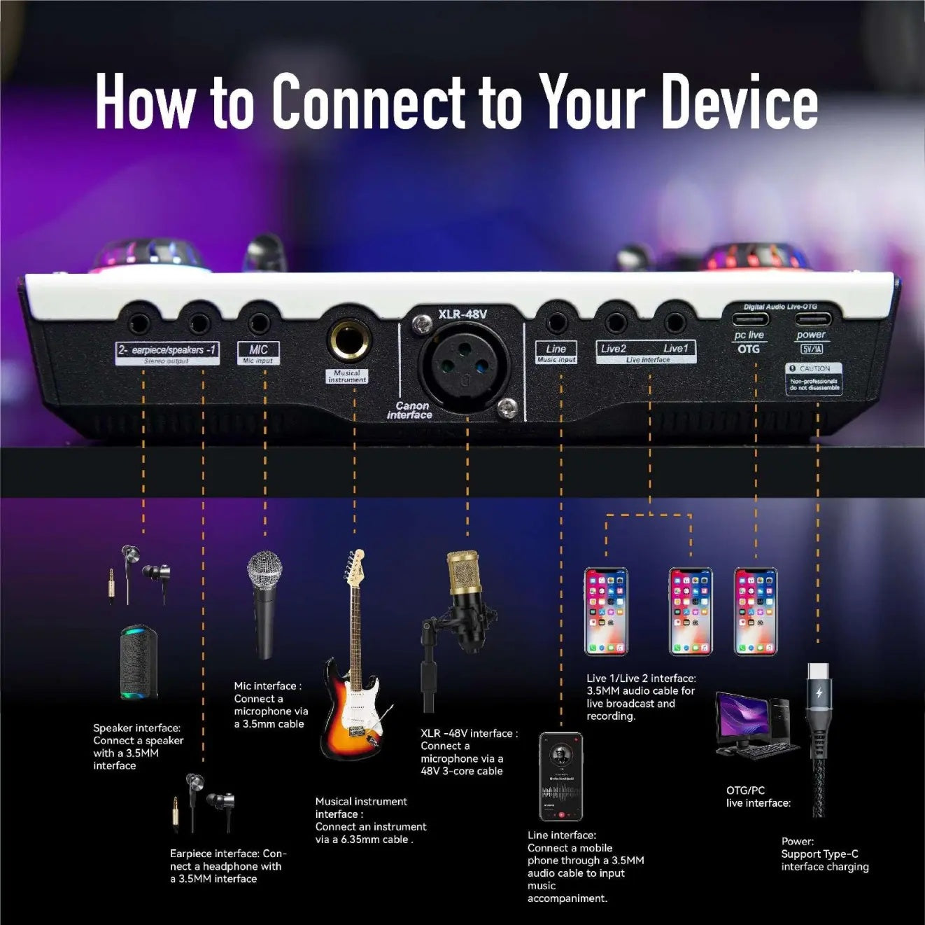 C100Pro Digital Sound Card – Portable Audio Interface with Real‑Time Voice Changer, Dual DSP, Noise Reduction & Reverb Control