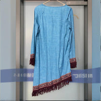 Retro Print Fringe Hem Dress – Boho Chic V-Neck Long Sleeve Asymmetrical Midi for Spring & Summer